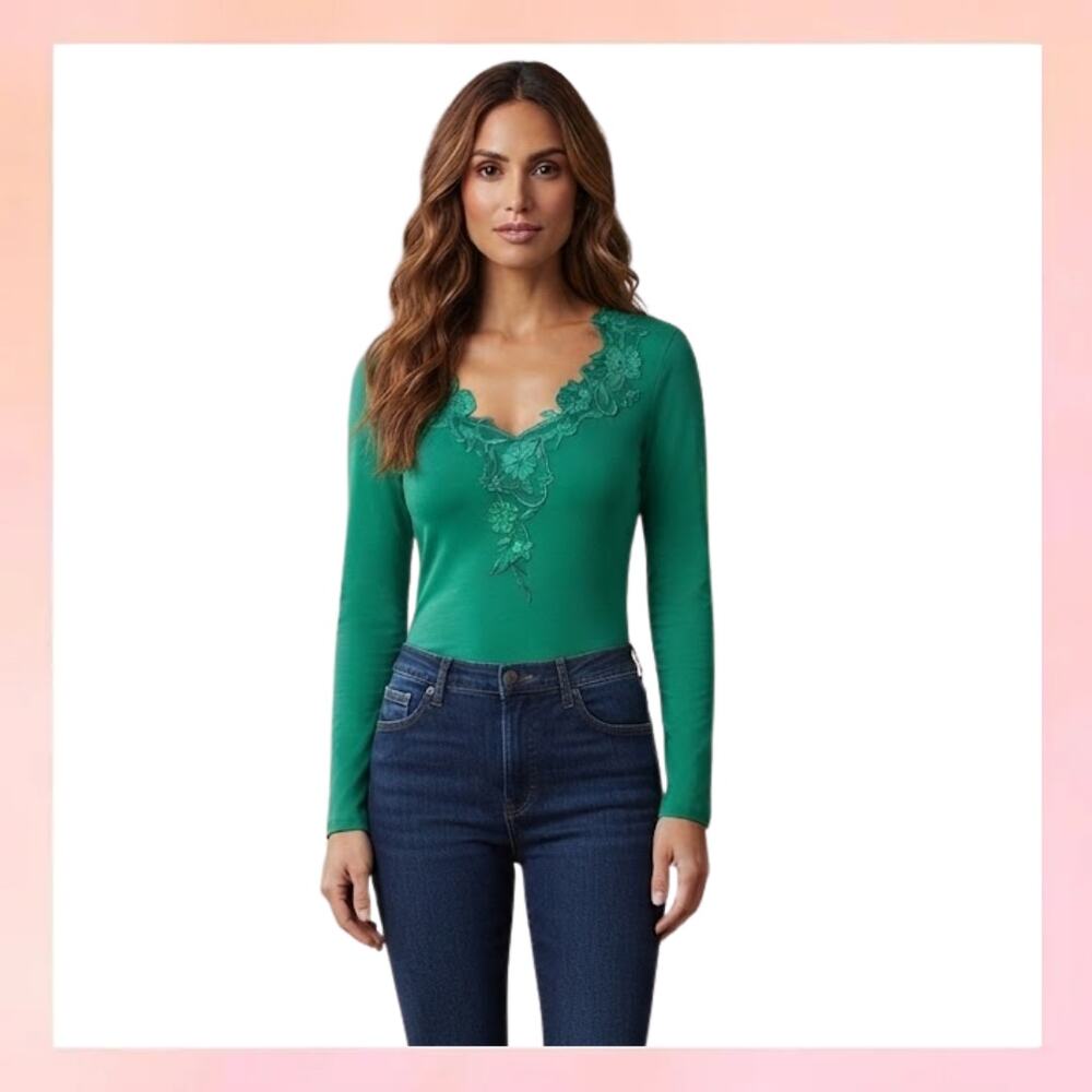 Together Green Long Sleeve Top with Floral Embroidery Size S